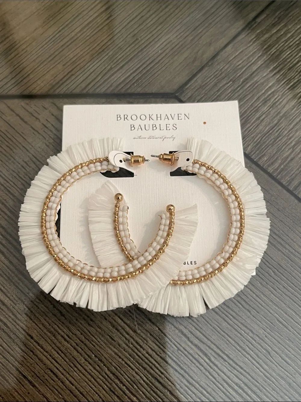 Brookhaven Baubles White Beaded Raffia Hoops with Gold Accents